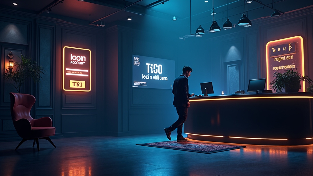 A neon casino login desk with a player approaching a sign-in screen