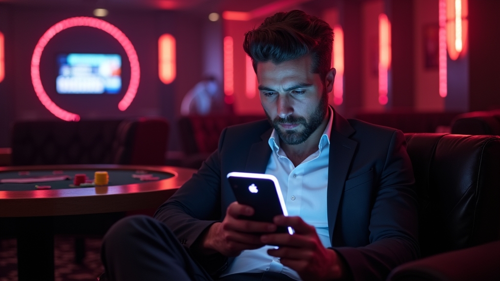 A player checking a targeted bonus message in a dark VIP casino lounge.
