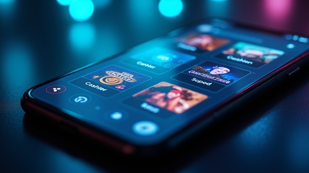 Mobile casino app interface showing lobby, cashier, bonus, and support tools