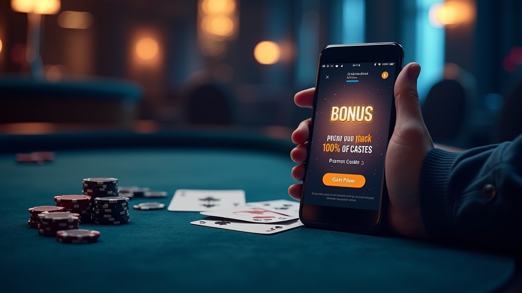 A glowing bonus voucher and promo code field in a dark casino lobby.