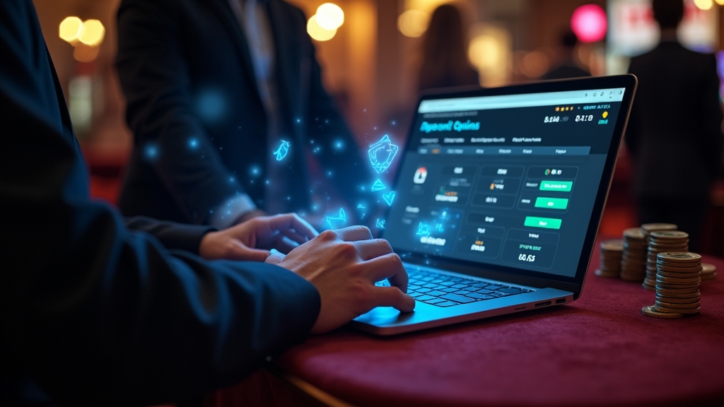 Player reviewing deposit options in a dark casino cashier scene